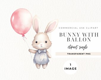 Niedliches Baby-Häschen Clipart, EINZELBILD, Geburtstags-Hasen mit Ballon, kommerzielle Lizenz, Aquarell Kaninchen für Kinderzimmer PNGs