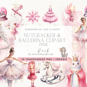 Clipart de Natal quebra-nozes, Natal em aquarela rosa PNG, Natal rosa, árvore de Natal rosa, bailarina, rato, fada, balé de Natal