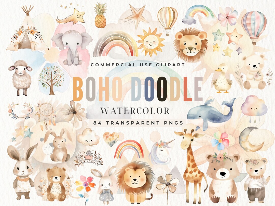 Boho Baby Watercolor Clipart, Nursery Animal Clip Art, Newborn Boho Kid ...