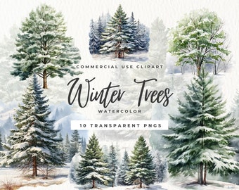 Op de afbeelding: Een set van 10 aquarel winterbomen met sneeuw op de takken. De bomen zijn in verschillende maten en vormen, en sommige zijn gegroepeerd. De bomen staan op een witte achtergrond. "Commercial Use Clipart Winter Trees Watercolor 10 Transparent PNGs" staat in het midden van de afbeelding.