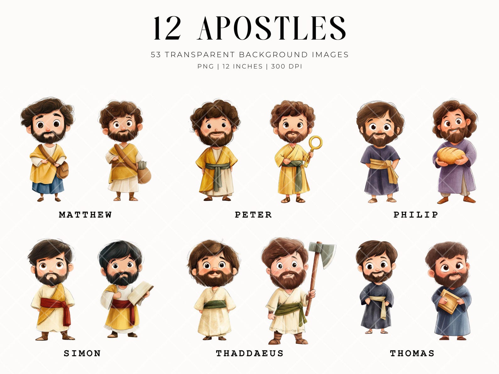 12 Apostles Clipart, Biblical Characters Stories, Last Supper ...