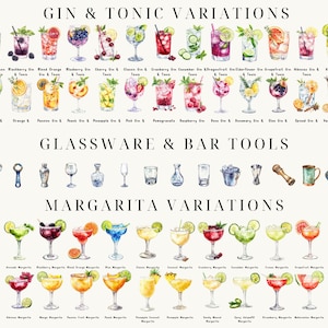May include: A watercolor illustration of different variations of gin and tonic and margarita cocktails. The image also includes glassware and bar tools. The text "Gin & Tonic Variations", "Glassware & Bar Tools", and "Margarita Variations" is included in the image.