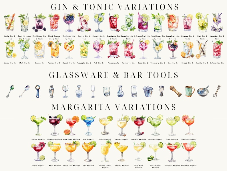 May include: A watercolor illustration of different variations of gin and tonic and margarita cocktails. The image also includes glassware and bar tools. The text "Gin & Tonic Variations", "Glassware & Bar Tools", and "Margarita Variations" is included in the image.