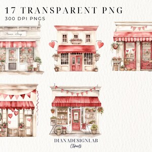 May include: Five watercolor illustrations of red and white storefront buildings with red awnings and floral decorations. The buildings have a vintage aesthetic and are decorated with hearts and bunting. The text "Flower Shop" is visible on one of the buildings.