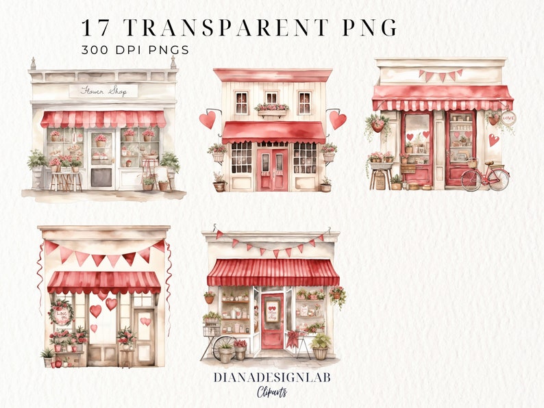May include: Five watercolor illustrations of red and white storefront buildings with red awnings and floral decorations. The buildings have a vintage aesthetic and are decorated with hearts and bunting. The text "Flower Shop" is visible on one of the buildings.
