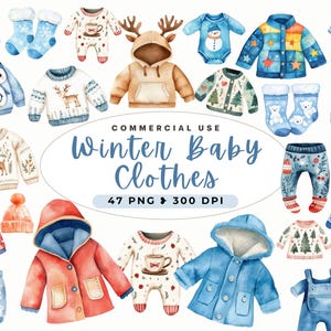 Clipart vêtements bébé hiver, conception de cartes de Noël, écharpe, numérique instantanée, bébé hiver, art de la chambre d'enfant, aquarelle, usage Commercial