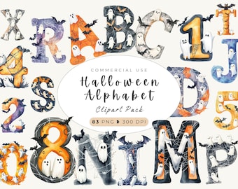 Clipart de Halloween ABC, fantasma de acuarela, murciélagos, letras de calabaza, alfabeto de dibujos animados, fuente espeluznante, telaraña, alfabeto de garabatos, digital