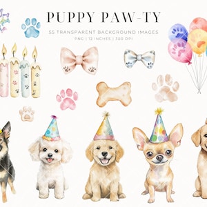 Cute Dogs Clipart Birthday Party, Instant Download, Watercolor Puppies ...