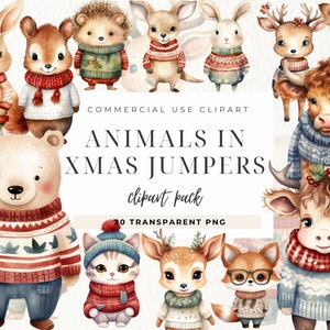 Animali in maglioni Clipart, Acquerello Vacanze invernali Png, Clipart di Natale nei boschi, Vacanze Svg, Download digitale, Invito di carte di Natale