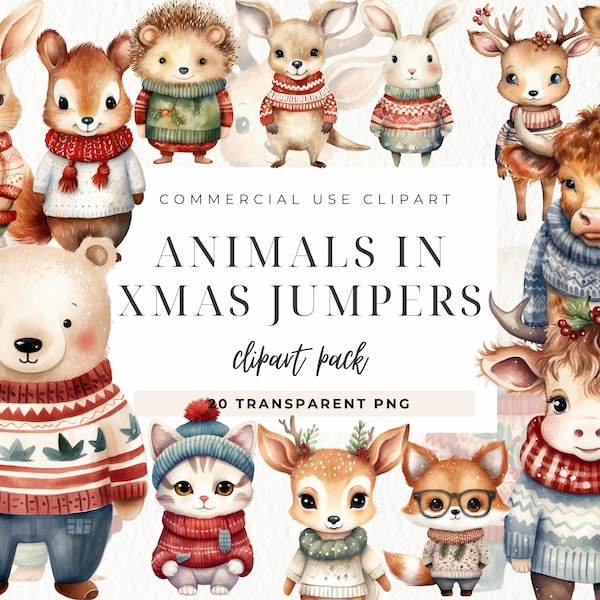 Animals in Sweaters Clipart, Watercolor Winter Holidays Png, Woodland Christmas Clipart, Holiday Svg , Digital Download, Xmas Card Invite