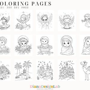 May include: 45 black and white coloring pages featuring illustrations of angels, baby Jesus, and scenes from the Nativity story. The pages are 12 inches and 300 DPI PNGs.