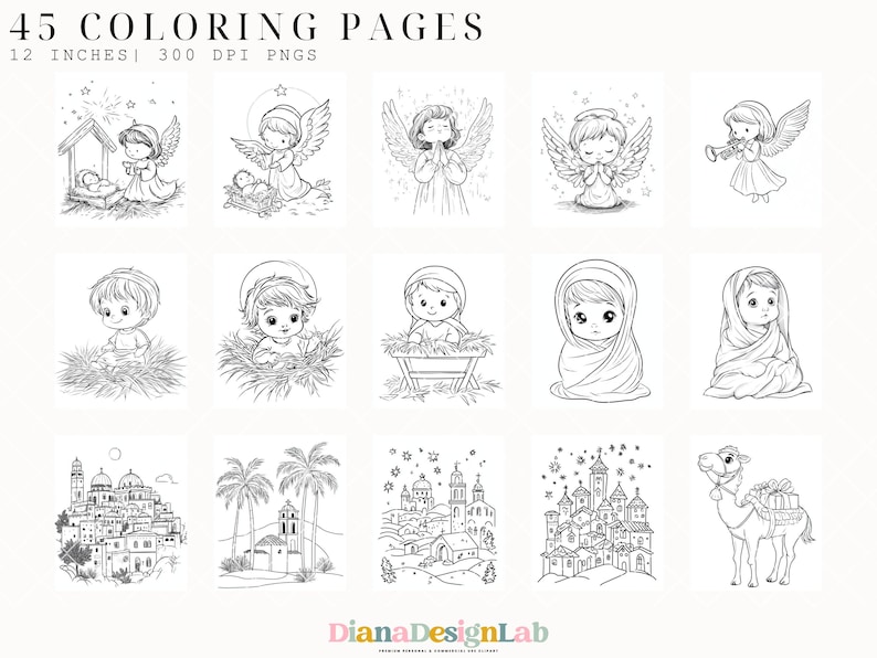 May include: 45 black and white coloring pages featuring illustrations of angels, baby Jesus, and scenes from the Nativity story. The pages are 12 inches and 300 DPI PNGs.