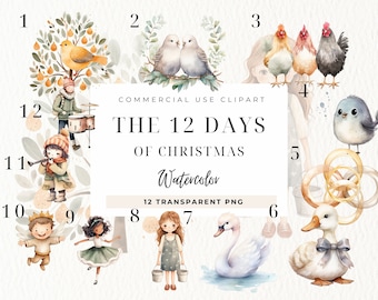 The 12 Days of Christmas Clipart, Christmas Download, Mockingbird Florals, Calling Birds, Twelve Days Of Xmas Digital, Commercial Use