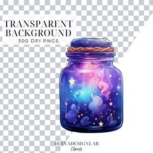 May include: A glass jar with a galaxy inside. The jar is filled with swirling purple, blue, and pink clouds, and there are stars scattered throughout. The jar has a dark blue lid with a brown rope around it.