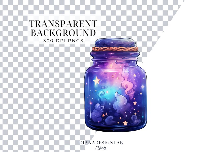 May include: A glass jar with a galaxy inside. The jar is filled with swirling purple, blue, and pink clouds, and there are stars scattered throughout. The jar has a dark blue lid with a brown rope around it.