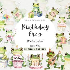 Frog Birthday Clipart, Digital Clipart Scrapbooking, Cute Frog, Wetland, Kids, Birthday Party, Nursery Art, Card Invitations, Commercial Use