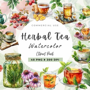 Clipart aquarelle, tisane, usage commercial, tea party PNG, scrapbooking, fleurs, fard à joues, roses, belle herboristerie, apothicairerie, herbes PNG