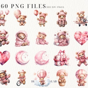 Watercolor Teddy Bear Clip Art Clipart Pack, Baby Shower for a Girl ...