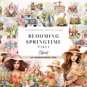 Spring Watercolor Scene Clipart, Vintage Writers Scene, Gnome, Flowers, Gardner, Cottagecore Floral, Countryside, Floral Truck, Commercial