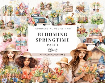 Lente aquarel scène clipart, vintage schrijvers scène, kabouter, bloemen, Gardner, Cottagecore bloemen, platteland, bloemen vrachtwagen, commercieel