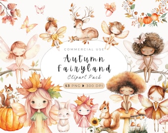 May include: A digital clipart pack featuring watercolor illustrations of fairies, animals, and autumnal elements. The illustrations are in a whimsical style and feature a variety of colors, including pink, blue, green, brown, and orange. The text "Autumn Fairyland Clipart Pack" is displayed in the center of the image.