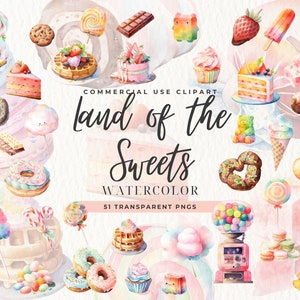 Land of the Sweets Clipart, Candy Land Clip Art, Kommersiellt bruk, Bakning, Lollipop Clipart, Kakor, Söta Macarons, Godis, Kakor