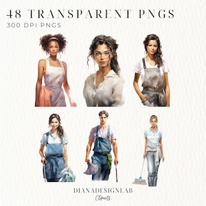 K&ouml;nnte beinhalten: Ein Satz von sechs digitalen Illustrationen von Personen in verschiedenen Reinigungsoutfits. Die Illustrationen sind im Aquarellstil gehalten und zeigen eine Vielzahl von Posen und Ausdr&uuml;cken. Die Illustrationen eignen sich perfekt f&uuml;r den Einsatz in einer Vielzahl von Projekten, wie z. B. Website-Design, Social-Media-Grafiken und Druckmaterialien.