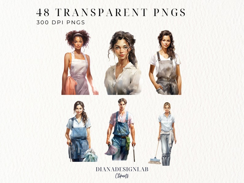 K&ouml;nnte beinhalten: Ein Satz von sechs digitalen Illustrationen von Personen in verschiedenen Reinigungsoutfits. Die Illustrationen sind im Aquarellstil gehalten und zeigen eine Vielzahl von Posen und Ausdr&uuml;cken. Die Illustrationen eignen sich perfekt f&uuml;r den Einsatz in einer Vielzahl von Projekten, wie z. B. Website-Design, Social-Media-Grafiken und Druckmaterialien.