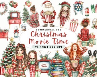 Christmas Movie Night Clipart, Hot Cocoa & Sweet Treats, Xmas Movies, Vacation Clip Art, Cozy Christmas Night, Pajama Night, Commercial Use