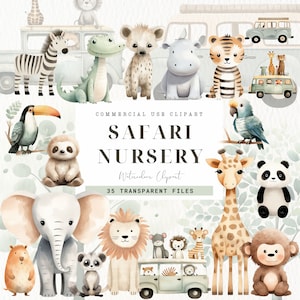 Wild One Safari Animal Clipart, clipart camion Safari, girafe, bébés animaux, décoration d'anniversaire jungle, baby shower, téléchargement numérique