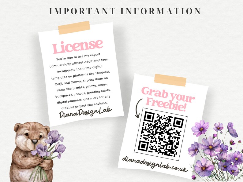Puede incluir: Una tarjeta rosa y blanca con el texto "License" e informaci&oacute;n sobre el uso comercial de clipart. Una segunda tarjeta con el texto "Grab your Freebie!" y un c&oacute;digo QR con el texto "dianadesignlab.co.uk" debajo. Ambas tarjetas est&aacute;n rodeadas de flores de acuarela.