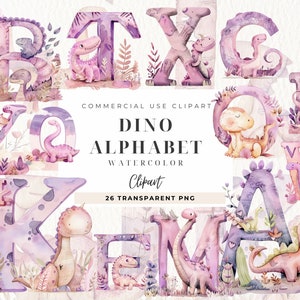 May include: Watercolor clipart of a dinosaur alphabet. Each letter is decorated with a dinosaur and floral elements in shades of pink and purple. The text "Dino Alphabet Watercolor Clipart 26 Transparent PNG" is included in the image.