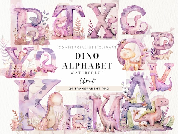Dino Alphabet Clipart, Dinosaur Kids Alphabet, Girl Pink Sublimation Monogram Alphabet, High Resolution, Dinosaurs Clip art, Birthday Invite