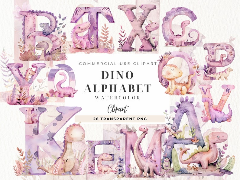 May include: Watercolor clipart of a dinosaur alphabet. Each letter is decorated with a dinosaur and floral elements in shades of pink and purple. The text "Dino Alphabet Watercolor Clipart 26 Transparent PNG" is included in the image.