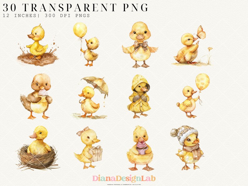 May include: A set of 30 digital illustrations of cute yellow ducklings in various poses. The ducklings are holding balloons, umbrellas, gifts, and other items. The illustrations are perfect for adding a touch of whimsy to your designs.
