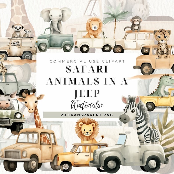 Safari Tiere in einem Jeep Clipart, Aquarell Baby Tiere, digitaler Download, Wild One Baby Safari Auto Png, Kinderzimmer Kunst, kommerzielle Nutzung