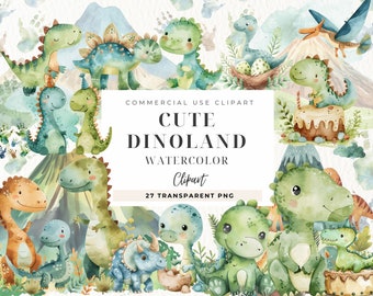 Puede incluir: Conjunto de clipart de acuarela con 27 adorables dinosaurios en varias poses y escenarios. Los dinosaurios son verdes, azules y naranjas con ojos grandes y expresiones amigables. El conjunto incluye un dinosaurio sosteniendo un pastel de cumpleaños, un dinosaurio en un nido y un dinosaurio volando en el aire. El texto "COMMERCIAL USE CLIPART CUTE DINOLAND WATERCOLOR Clipart 27 TRANSPARENT PNG" se muestra en la imagen.