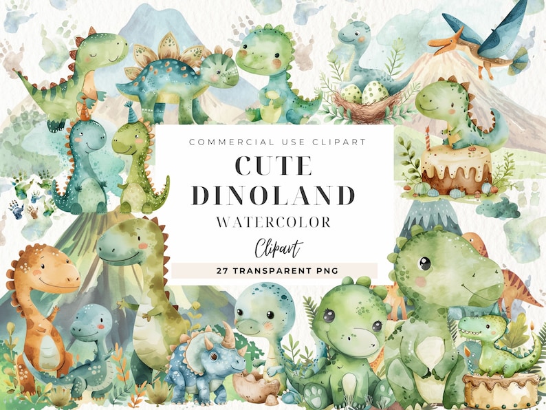 Baby Dino Watercolor Clipart, Nursery Decor, Baby Shower, Cute Dinosaur ...