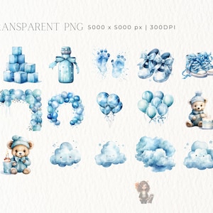 May include: A set of 58 watercolor illustrations in blue tones, featuring baby-themed elements like a hot air balloon, building blocks, a bottle, footprints, shoes, a teddy bear, balloons, clouds, and stars. The illustrations are perfect for creating invitations, cards, and other baby-related projects.