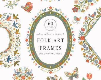 Watercolor Folk Art Clipart Frames, Whimsical Floral Birds PNG, Quirky Cottagecore Wedding Invitations, Digital Download, Commercial Use