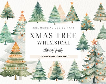 Whimsical Christmas Tree Clipart, Png Xmas, Christmas Tree, Holiday Clip Art, Watercolour Nordic Trees with Presents, Card Making, Download