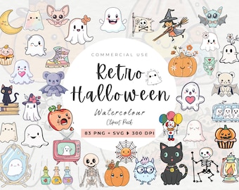 Retro Halloween Clipart Set, Doodle SVG, Commercial Use, Halloween Sublimation, Cute Halloween, Ghosts, Pumpkins, Cats, Candy, Bats, Cricut