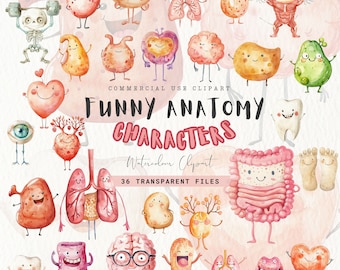 Zabawne Anatomiczne Cliparty, Akwarele Ludzkie Organy Ciała Clipart, Szkielet i Czaszka, Nauczyciel, Edukacja Medyczna, Doodle Quirky, Użytek Komercyjny