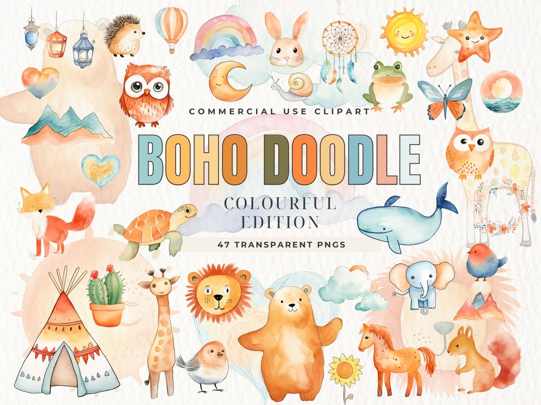 Boho Baby Watercolor Clipart, Nursery Animal Clip Art, Newborn Boho Kid ...