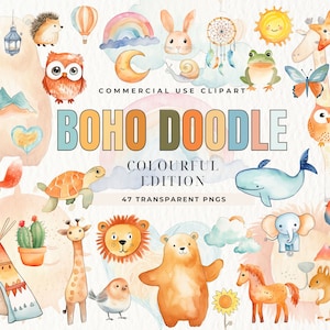 Boho Baby Aquarell Clipart, Kinderzimmer Tier Clip Art, Neugeborene Boho Kid Doodle, Babyparty PNG, Mond Kind, süßes Tier, Vintage Pfirsich