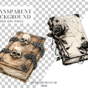 May include: Two vintage, leather-bound books with spooky details. One book has a skull and crossbones design, while the other has a spider web, roses, and thorns.