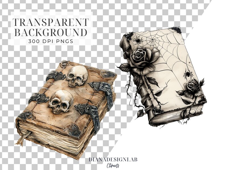 May include: Two vintage, leather-bound books with spooky details. One book has a skull and crossbones design, while the other has a spider web, roses, and thorns.