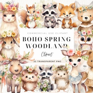 Bundle de cliparts printemps au pays des merveilles, Boho, Invitation de shower de bébé aquarelle florale Woodland, anniversaire SVG, Clipart vacances, usage Commercial