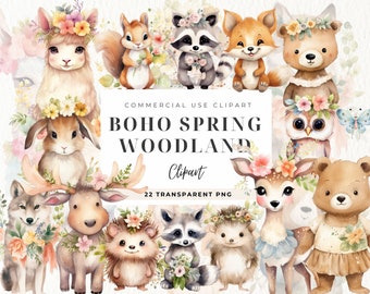 Frühlingswunderland Clipart Bundle, Boho, Aquarell Blumen Wald Baby Shower Einladung, Geburtstag SVG, Feiertage Clipart, kommerzielle Nutzung