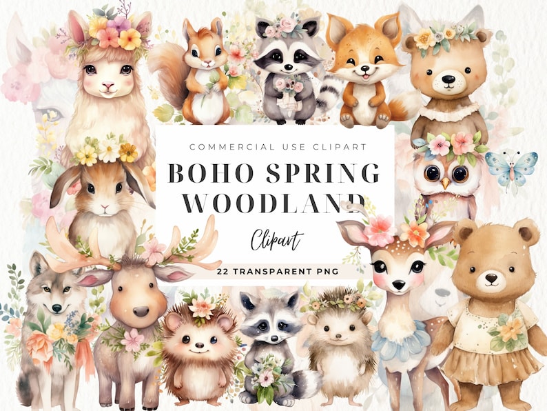 Spring Wonderland Clipart Bundle, Boho, Watercolor Floral Woodland Baby ...
